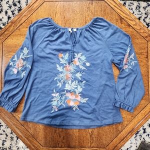 Solitaire Embroidered Long Sleeve Blouse with Tassels Blue M